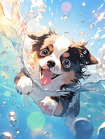 夏天夏季水中游泳小狗游泳