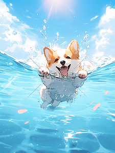 套帽子的小狗插画图片_夏天夏季可爱的小狗在水中游泳