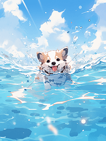 夏天夏季可爱的小狗在水中游泳