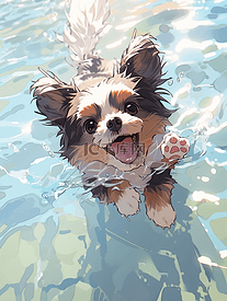 夏天夏季水中游泳小狗游泳