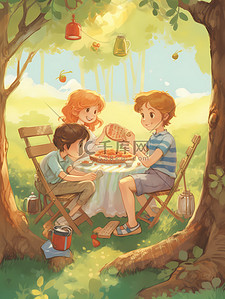 教科书插画图片_树下野餐教科书儿插绘本童年卡通插画