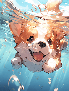 可爱的小狗插画图片_夏天夏季可爱的小狗在水中游泳