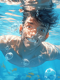 夏日男孩水下游泳插画