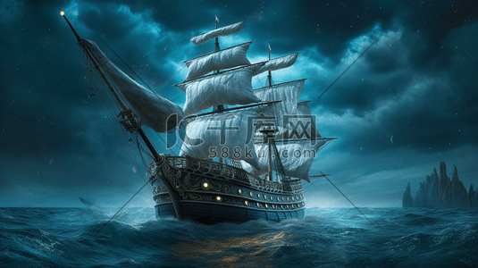 古典帆船插画图片_古典大海中的帆船