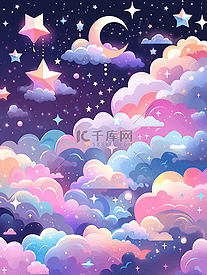 唯美梦幻儿童卡通夜晚天空星云插画