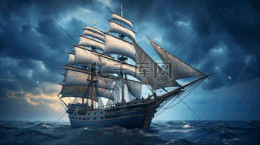 帆船航行插画图片_古典大海中的帆船