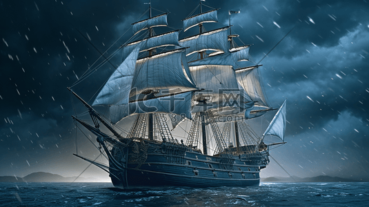 蓄力起航插画图片_古典大海中的帆船