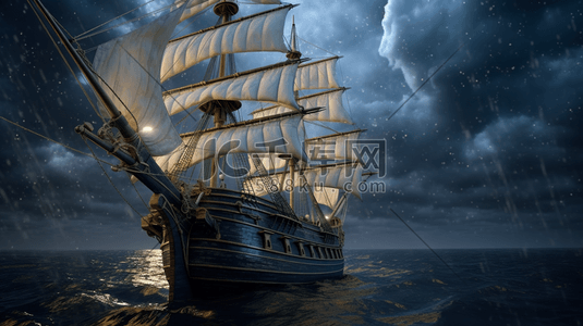 古典帆船插画图片_古典大海中的帆船