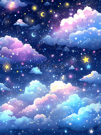唯美梦幻儿童卡通夜晚天空星云插画