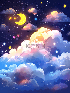 卡通月亮云朵插画图片_唯美梦幻儿童卡通夜晚天空星云插画