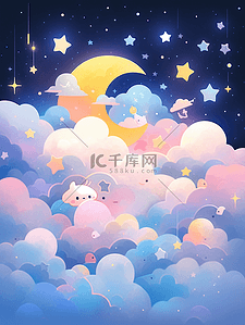 唯美梦幻儿童卡通夜晚天空星云插画