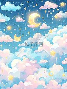 云朵儿童插画图片_唯美梦幻儿童卡通夜晚天空星云插画