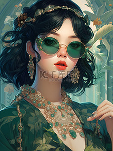 眼镜和手帕插画图片_奢华眼镜国潮多巴胺颜色绚丽中国风传统服饰