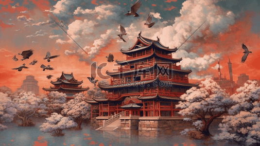 中国风建筑精美荷花云朵鸟雀复古中式
