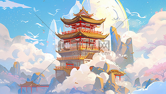 山脉云层插画图片_中国风国潮游戏古建筑