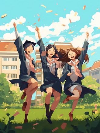 毕业季手绘卡通学士服抛帽庆祝青春庆祝