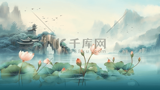 中国风复古水墨插画图片_水墨风中国风建筑精美荷花复古中式