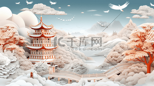 剪纸风建筑插画图片_中国风古典剪纸风建筑风景插画