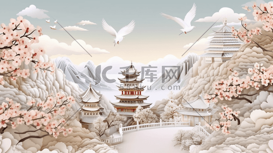 中国风古典剪纸风建筑风景插画