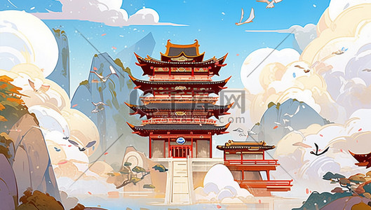 山脉云层插画图片_中国风国潮游戏古建筑
