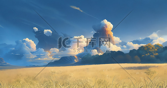 冰柠檬壁纸插画图片_手绘天空草地风景唯美插画壁纸高品质8K