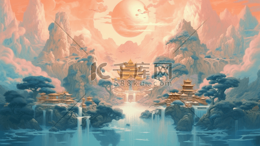 中国风梦幻神话风景插画山水建筑