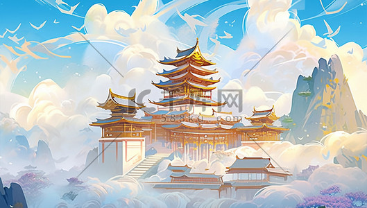 山脉云层插画图片_中国风国潮古建筑风景