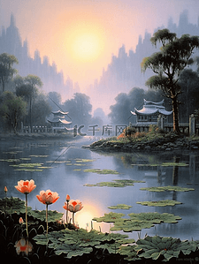 复古中插画图片_森林中国风建筑精美荷花复古中式