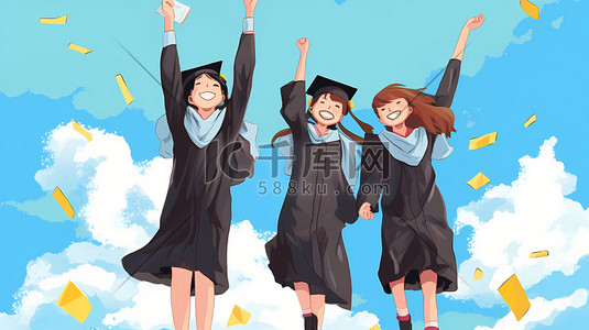 扬州大学插画图片_毕业季欢呼跳跃毕业母校大学青春学士帽