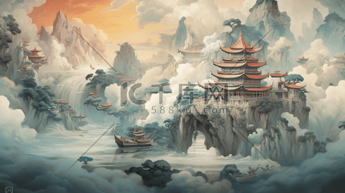中国风梦幻神话山水建筑风景插画