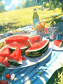 夏天夏季场景插画草坪上的西瓜