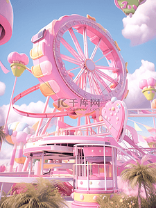 公主粉色插画图片_粉色梦幻卡通3D摩天轮立体游乐场