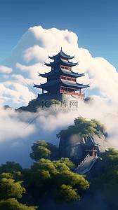 游戏宫殿插画图片_云海中的中国式楼阁宫殿景色