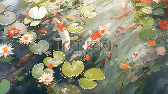 中国锦鲤国潮风插画图片_夏季池塘中的锦鲤插画