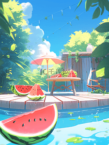 的西瓜插画图片_夏天夏季场景插画草坪上的西瓜