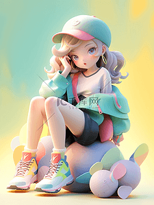 c4d立體粉色插画图片_3D立体多巴胺人物插画绿衣少女