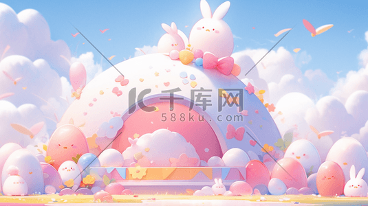 卡通3d云朵插画图片_云海里糖果色卡通可爱的小兔子