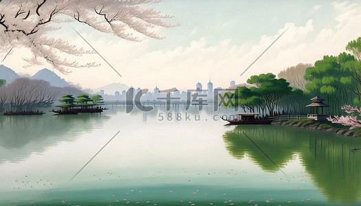 杭州西湖插画图片_春天的杭州西湖美