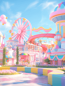 粉色立体风插画图片_粉色梦幻卡通3D立体摩天轮游乐场