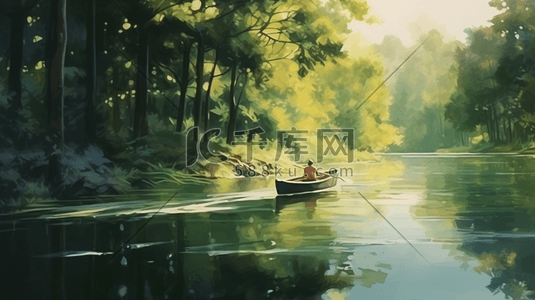 划船的人插画图片_水彩风丛林湖泊深处划舟的人