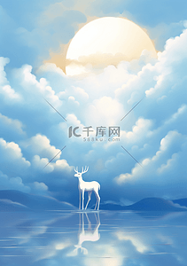 小美梦插画图片_唯美梦幻蓝色云雾里的小鹿