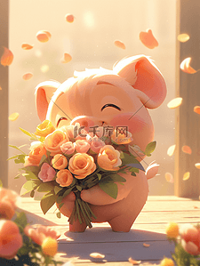 猪插画图片_3D毛绒猪猪捧着一束花