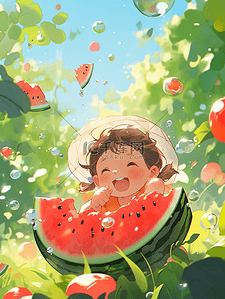 夏天夏季场景插画小孩吃西瓜