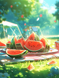 切西瓜器插画图片_夏天夏季场景插画草坪上的西瓜