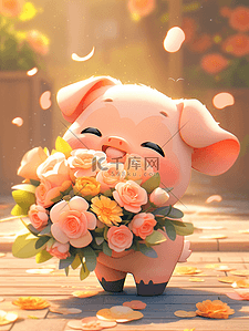 猪插画图片_3D毛绒猪猪捧着一束花