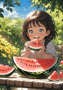 小女孩吃西瓜夏天