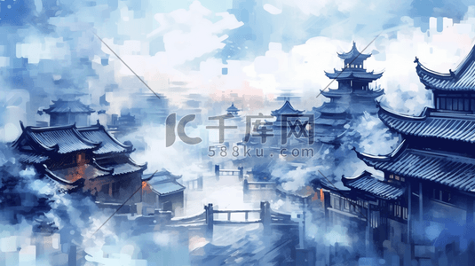 亭台楼阁插画图片_蓝色水墨中国风亭台楼阁建筑群落