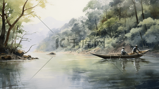 划船的人插画图片_水彩风丛林湖泊深处划舟的人