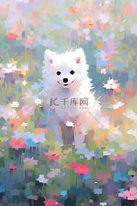 卡通水彩动物插画图片_一只白色的狗蹲在花丛中