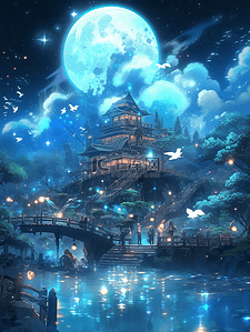 唯美梦幻治愈手绘风景插画夜空下的建筑